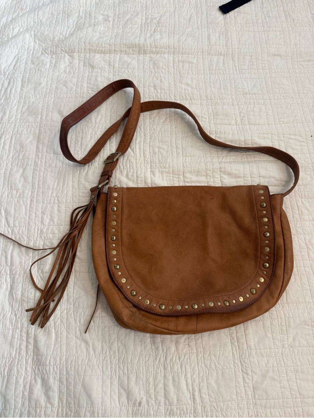 HOBO Tan Leather Studded Crossbody with Fringe Tassel